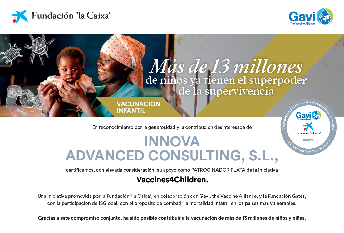 Diploma Patrocinador Plata Vaccines4Children - Innova Advanced Consulting