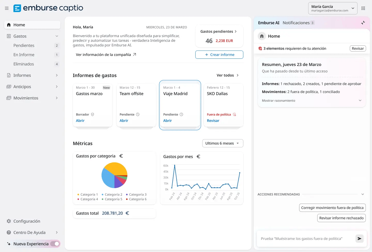 Panel de gastos de Emburse Captio